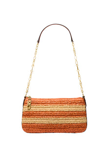 Handcrafted medium straw clutch with chain and Empire logo - MK