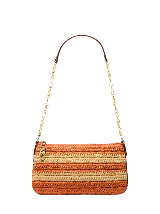 Handcrafted medium straw clutch with chain and Empire logo - MK